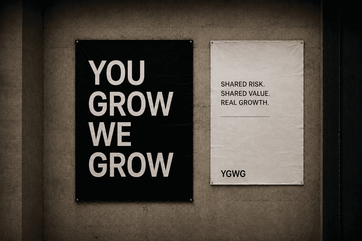 Affischer på en betongvägg: YOU GROW WE GROW och Shared risk. Shared value. Real growth. — YGWG